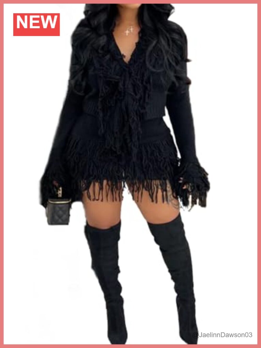 Fringe Cardigan Skirt Set Crochet Knit Tassel Sweater Outfit